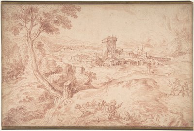 Paesaggio con una vecchia che tiene un fuso da Jean Antoine Watteau